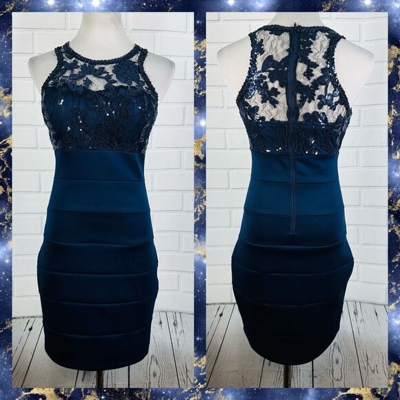 Sequin Hearts Dresses & Skirts - Sequin Hearts Navy Blue Sequin Bodycon Midi Dress - Size 7